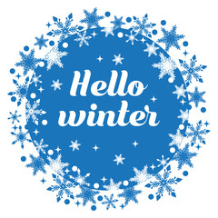 Template for greeting card with handwritten text "Hello winter" in frame of snowflakes.