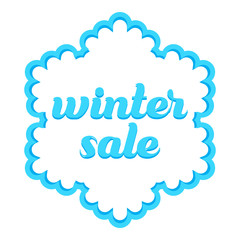 Sticker "winter sale" with text inside snowflake silhouette.
