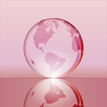 Pink shining transparent earth globe with South and North America continents laying on glass surface and reflecting in it. Bright and shining design. Vector illustration.