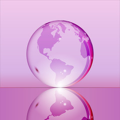 Purple shining transparent earth globe with South and North America continents laying on glass surface and reflecting in it. Bright and shining design. Vector illustration.