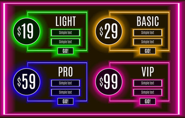 Collection of neon pricing baners for websites and applications. Table banner vector illustration