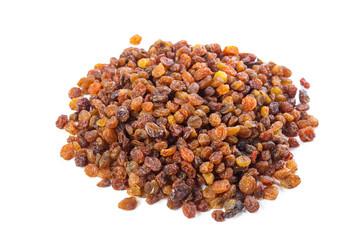 Dried raisins on a white background