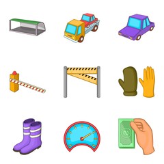Evacuation of car icons set, cartoon style