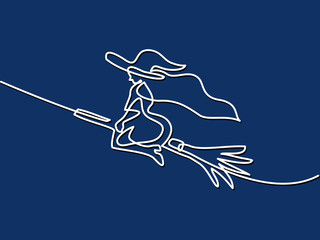 Continuous line drawing of black halloween witch on broom. Vector illustration