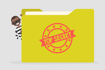 Confidential information stealing. Cyber security. Yellow folder with a Top secret stamp. Flat editable vector illustration, clip art