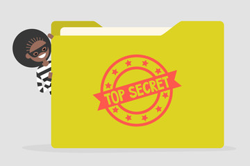 Confidential information stealing. Cyber security. Yellow folder with a Top secret stamp. Flat editable vector illustration, clip art