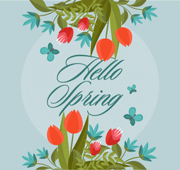 Spring Greeting card with the inscription Hello Spring. Wreath of flowers. EPS10.