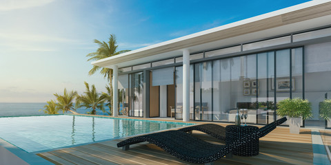 Sea view swimming pool in modern loft design,Luxury ocean Beach house - obrazy, fototapety, plakaty