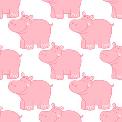 Seamless pattern with cute hippo on a white background. Pink hippopotamus.