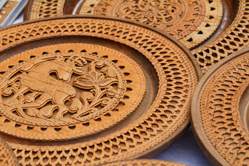  Handicrafts made of birch bark. Various carved boxes on the traditional town fair.