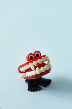 Close up of marching vampire's denture toy with googly eyes