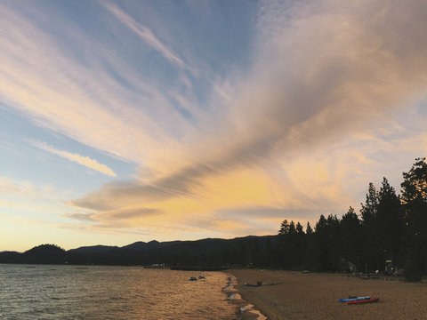 Shoreline of South Lake Tahoe at sunset, CA