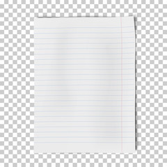 A4 sheet of lined paper isolated on transparent background. Vector illustration.