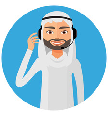 Arab customer service call center operator in  headset on duty iran man customer service vector illustration.