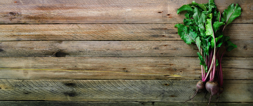 Bunch Of Fresh Organic Beetroot On Wooden Background. Concept Of Diet, Raw, Vegetarian Meal. Farm, Rustic And Country Style. Banner