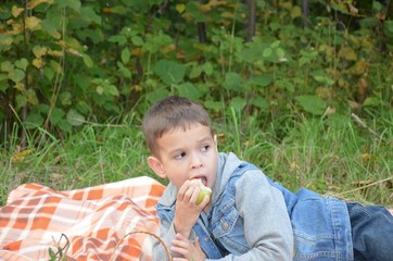 happy kid eating fruits. happy cute child boy eating an apple. lies on a coverlet in an autumn park