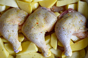 Raw chicken legs and potatoes