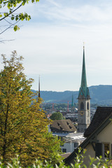 Fototapeta premium Scenery of old town of Zurich, Switzerland from University hill in summer