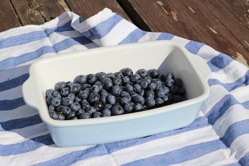 Freshly picked blueberries in a blue vintage ceramic bowl. Selective focus. Free text space