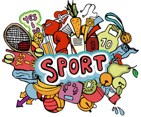 Sports hand draw icon and elements in one composition for banner. Fitness and sport colored banner collection, cartoon doodle sport icons.