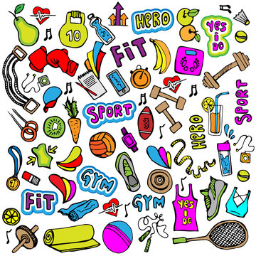 Sports hand draw icon and elements. Fitness and sport colored icon collection, cartoon doodle sport icons.