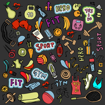 Sports hand draw icon and elements. Fitness and sport colored icon collection, cartoon doodle sport icons.