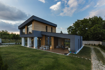 Exterior view of multiple story modern house