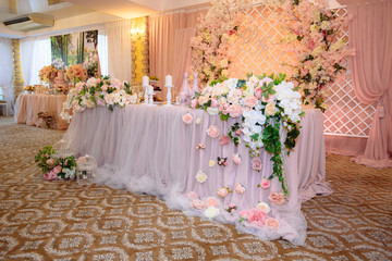 Beautiful decorated wedding restaurant for marriage. Colorful decoration for celebration. Beauty...