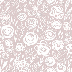Seamless background with hand drawn flowers and plants. Vector illustration.