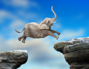 Big Elephant jumping over a gap. Successful business metaphor and jump to new year concept.