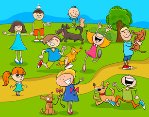 Fototapeta premium cartoon kids with dogs in the park