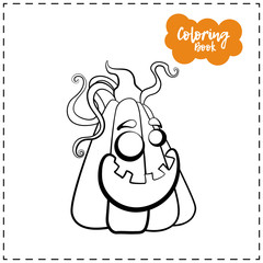 Vector outline illustration of a pumpkin lantern for Halloween with emotion on a white background