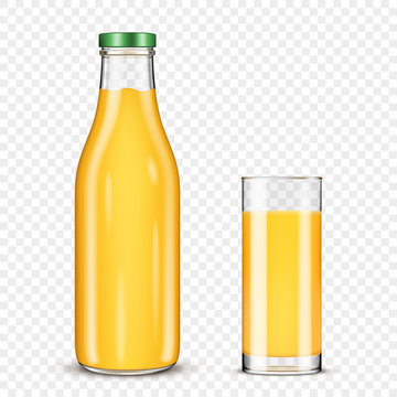 Glass of orange juice and orange juice bottles isolated on transparent background