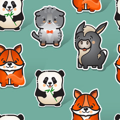 Cute donkey, fox, cat and panda. Vector Seamless pattern. 