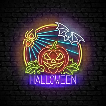 Happy Halloween Greeting Card Template. Shiny Neon Lamps Glow Style on Black Brick Wall. Singboard with Jack o Lantern Pumpkin, Spider and Bat Symbols. Beautiful Holiday Flyer. Vector 3d Illustration
