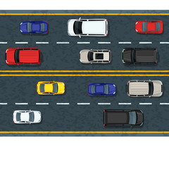 Vector flat illustration of city transport and traffic jam. Highway road with moving cars. Automobiles top view. Street traffic and transport design elements.