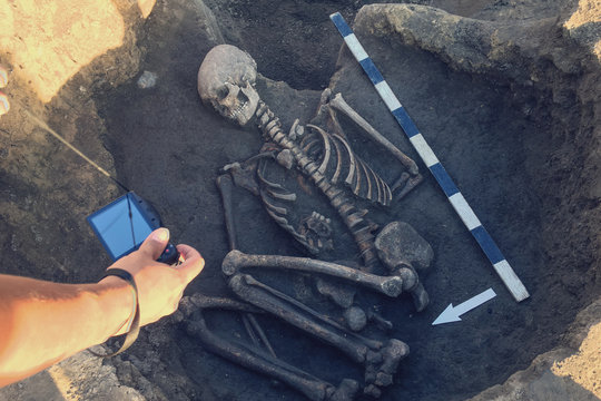 Archaeological excavations and finds (bones of a skeleton in a human burial),  working tool, ruler, knife, brush, a detail of ancient research, prehistory. Archaeologist photographs aburial rights