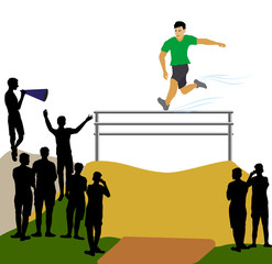 Athlete jumping over an obstacle. Racetrack with athlete and silhouettes of fans