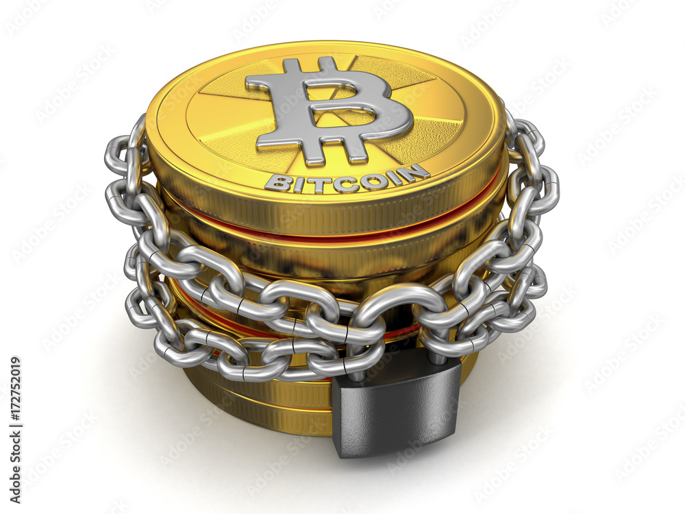 Poster stack of golden bitcoin and chain. image with clipping path