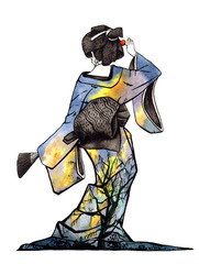 Рисунок акварелью "Гейша в кимоно с пейзажем танцует"