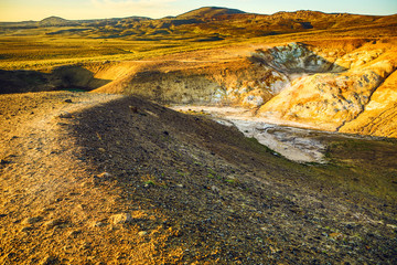 Volcanic fields covered with lava and rock. Picturesque Icelandic landscape.