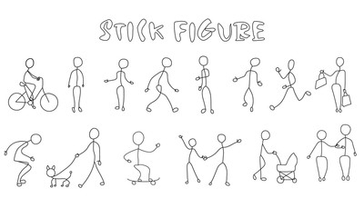 Set stick figure people. Simple men and women black pictogram