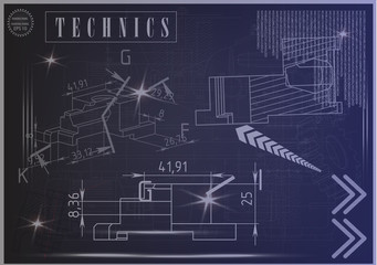 Machine-building drawings on a blue background