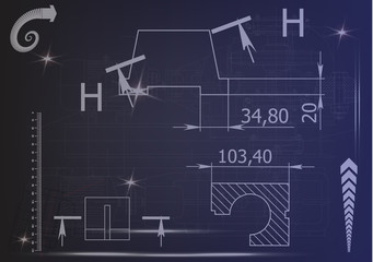 Machine-building drawings on a blue background