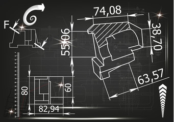 Machine-building drawings on a black background