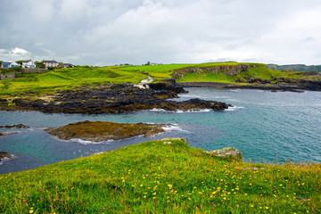 Panorama of Dunseverick Falls. Relaxing view Landscape of Northern Ireland.