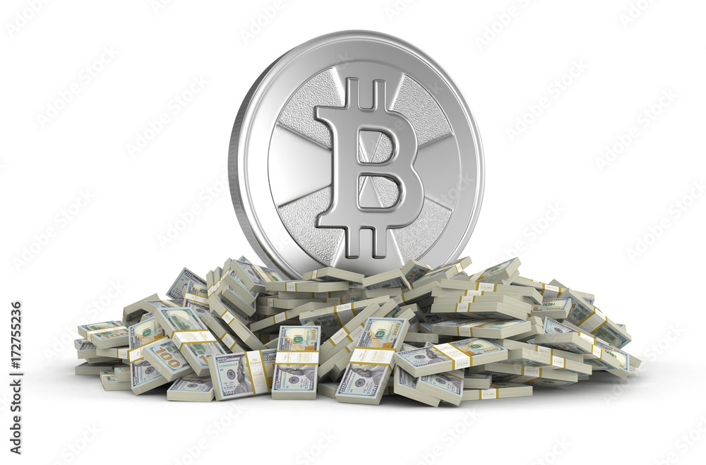 Poster pile of dollars and bitcoin. image with clipping path