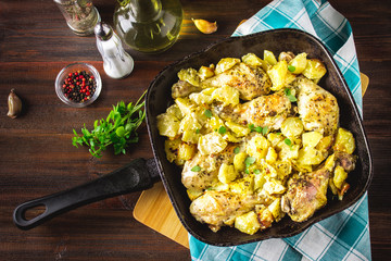 Roasted chicken leg with potatoes with caraway and garlic.