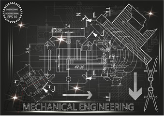 Machine-building drawings on a black background