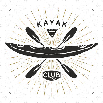 Kayak club vintage label, Hand drawn sketch, grunge textured retro badge, typography design t-shirt print, vector illustration